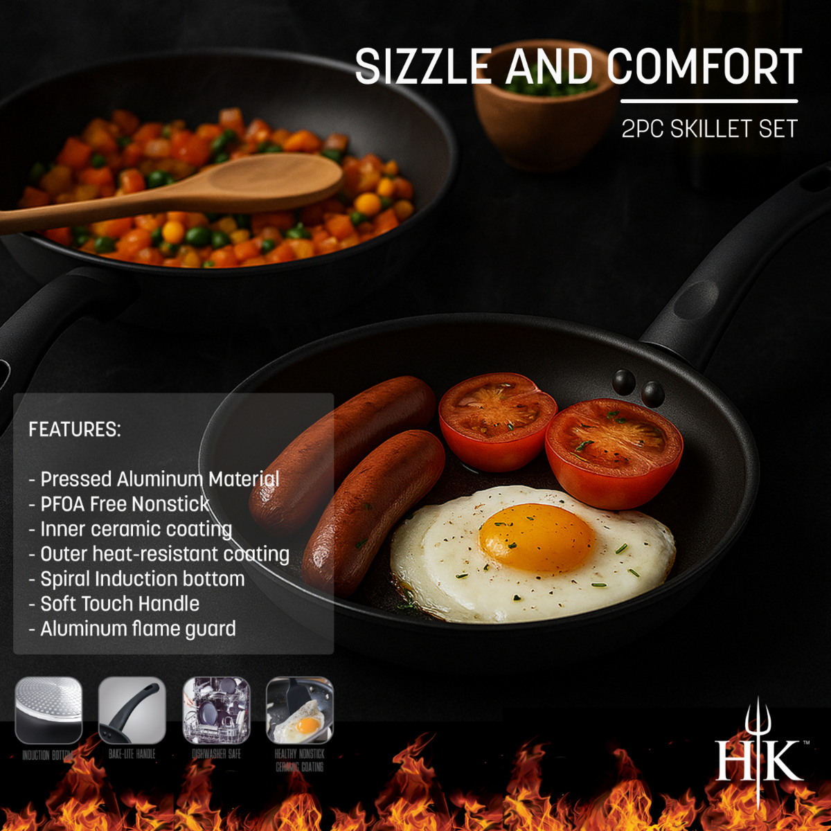 Hell's Kitchen 10-Inch & 12-Inch Ceramic Fry Pan Set - Black