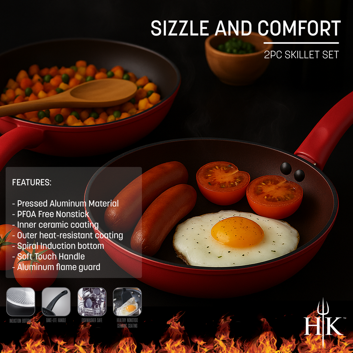 Hell's Kitchen 10-Inch & 12-Inch Ceramic Fry Pan Set - Red