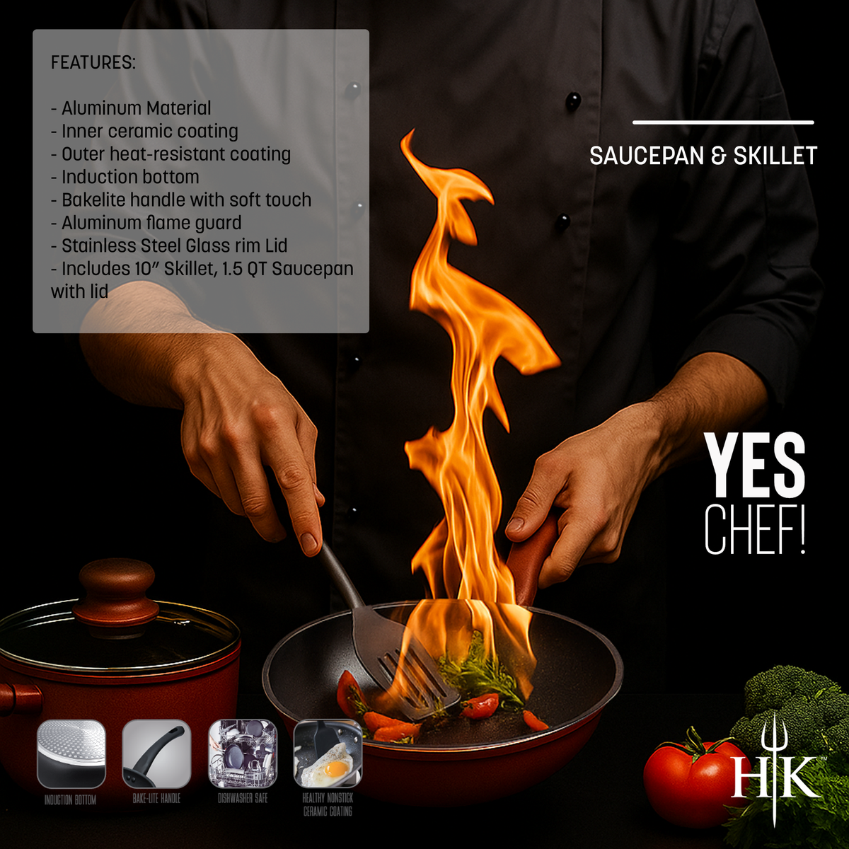 Hell’s Kitchen 1.5-Quart Saucepan and 10-Inch Skillet Set - Red