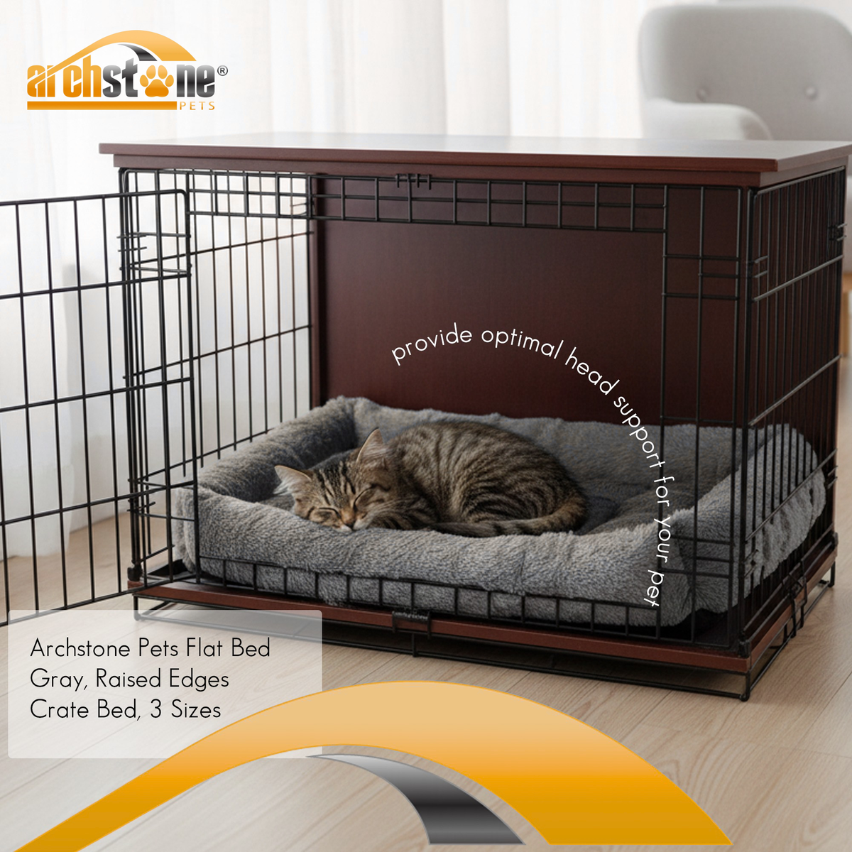 Archstone Pets Flat Bed - Gray, Raised Edges, Crate Bed, S M L Sizes