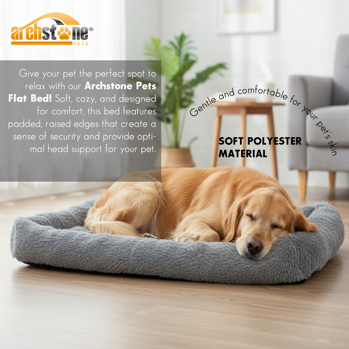 Archstone Pets Flat Bed - Gray, Raised Edges, Crate Bed, S M L Sizes