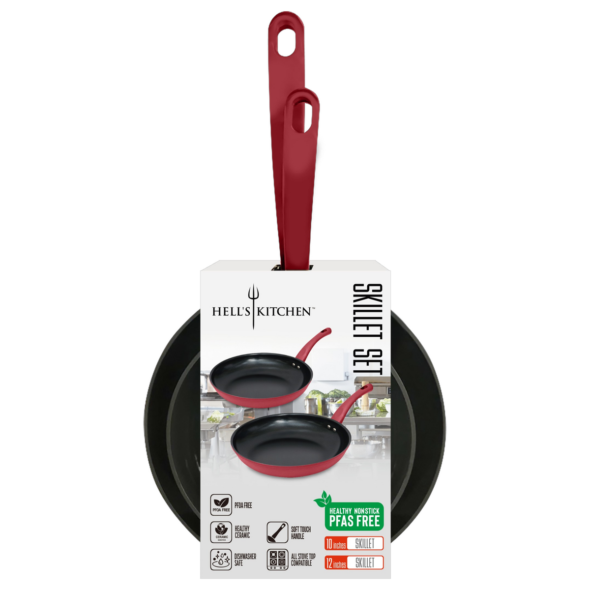 Hell's Kitchen 10-Inch & 12-Inch Ceramic Fry Pan Set - Red