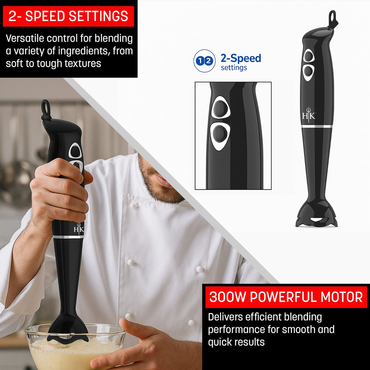 Hell's Kitchen 300W Dual Speed Hand Blender - Black