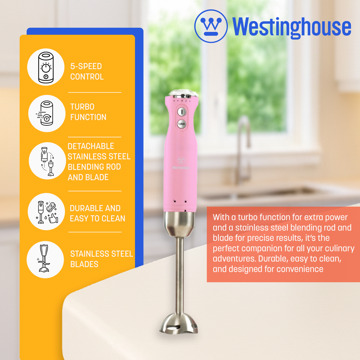 Westinghouse Multi-Speed Immersion Hand Blender - Retro Series, 4 Colors